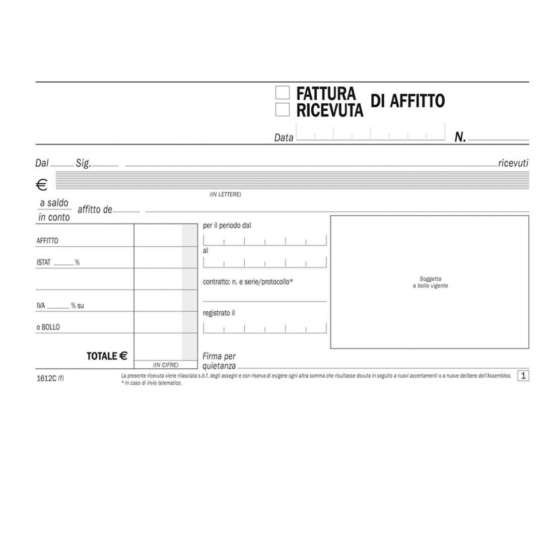 BLOCCO RICEVUTE AFFITTO 1612C - Duplice Copia