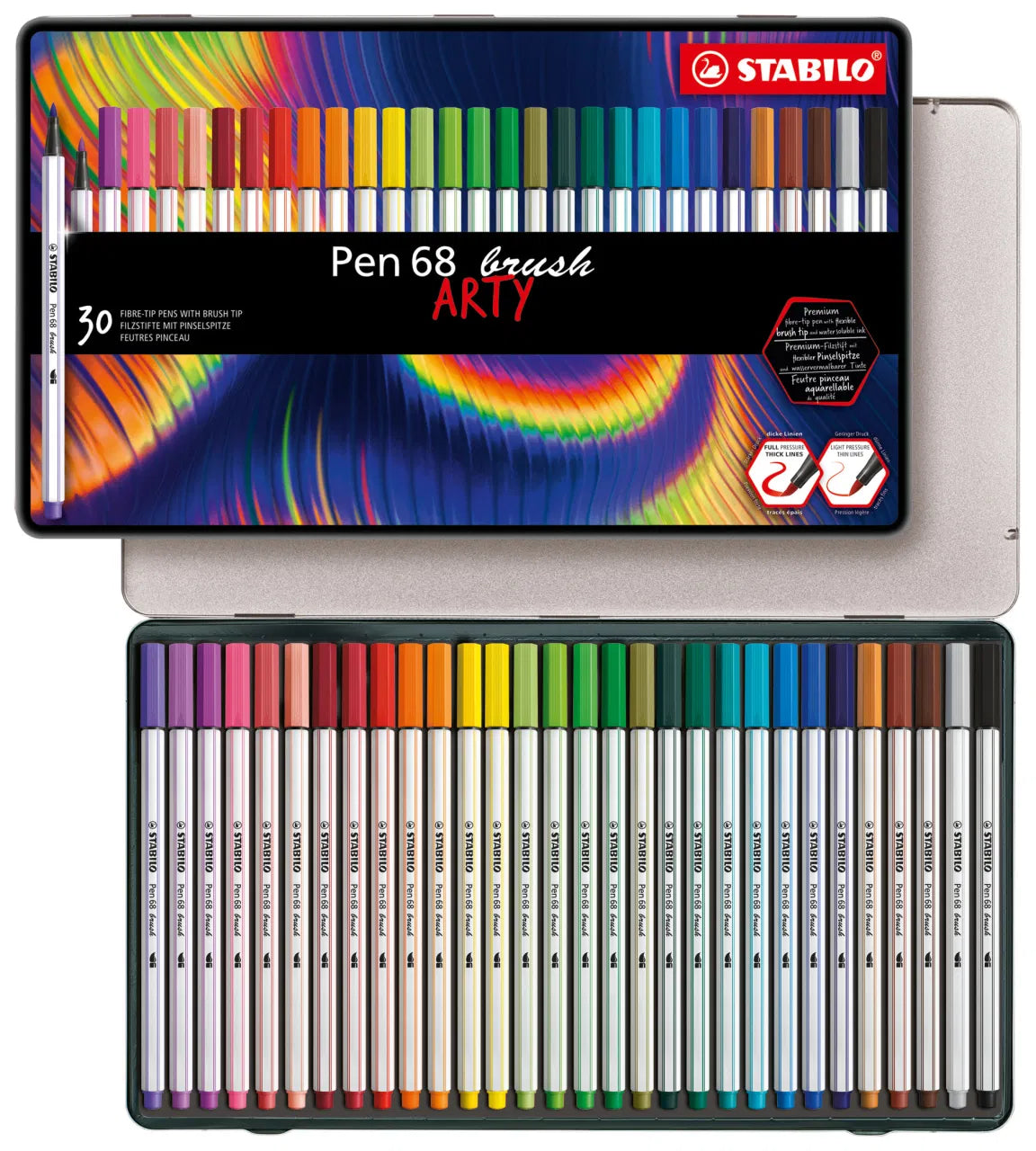 STABILO PEN 68 BRUSH ARTY - 30 Pennarelli Brush Con Scatola In Metallo
