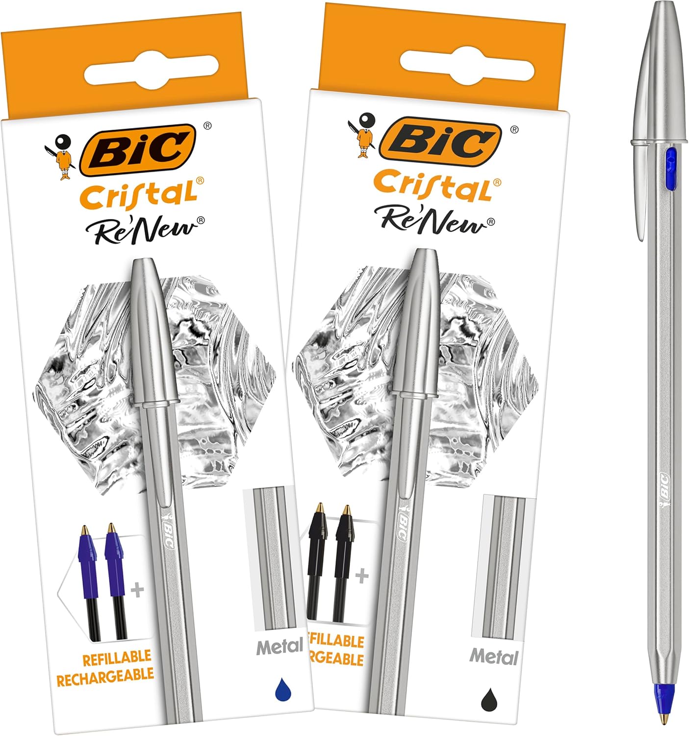 BIC CRISTAL RE'NEW -Penna Blu a Sfera Ricaricabile in Metallo + 2 Ricariche
