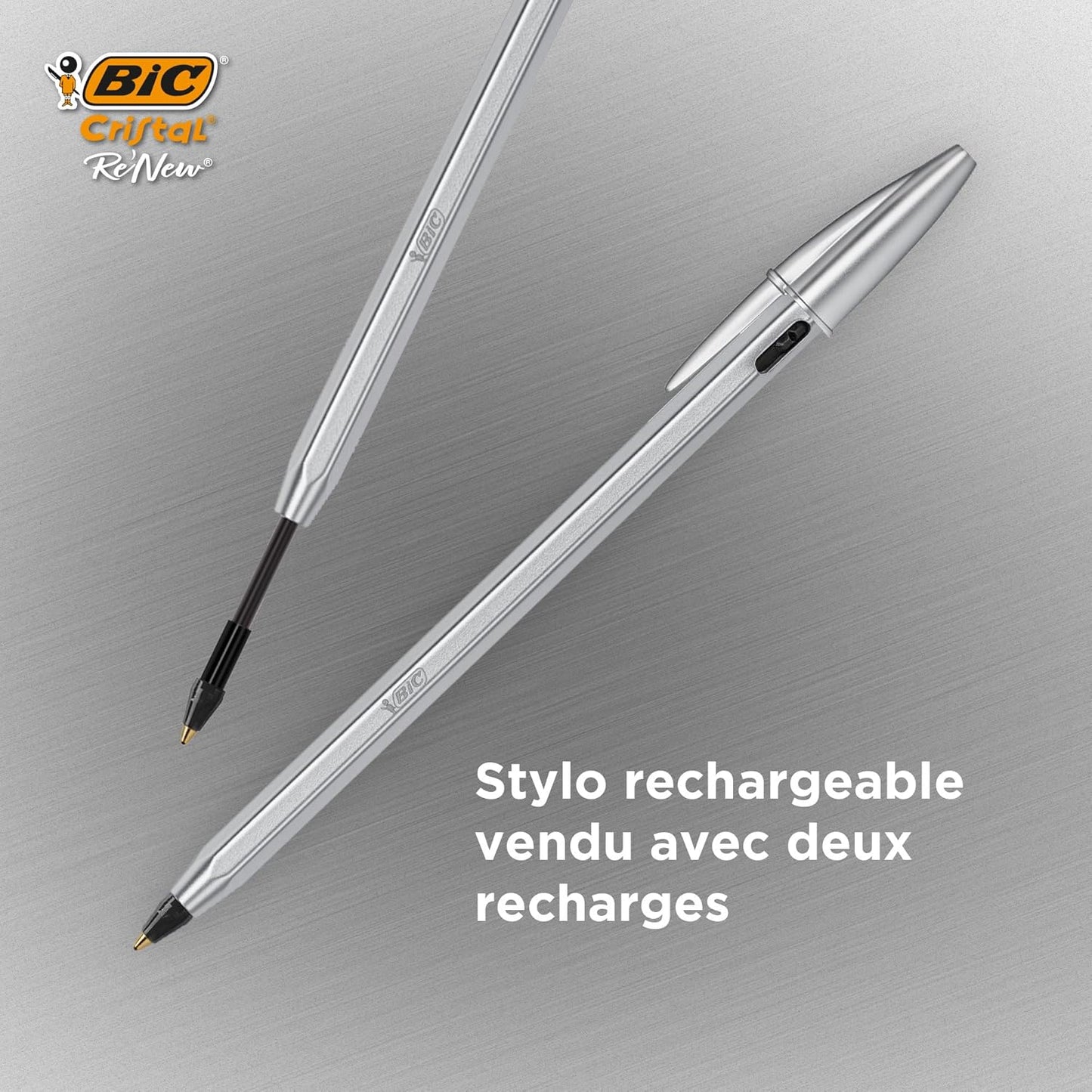 BIC CRISTAL RE'NEW -Penna Blu a Sfera Ricaricabile in Metallo + 2 Ricariche