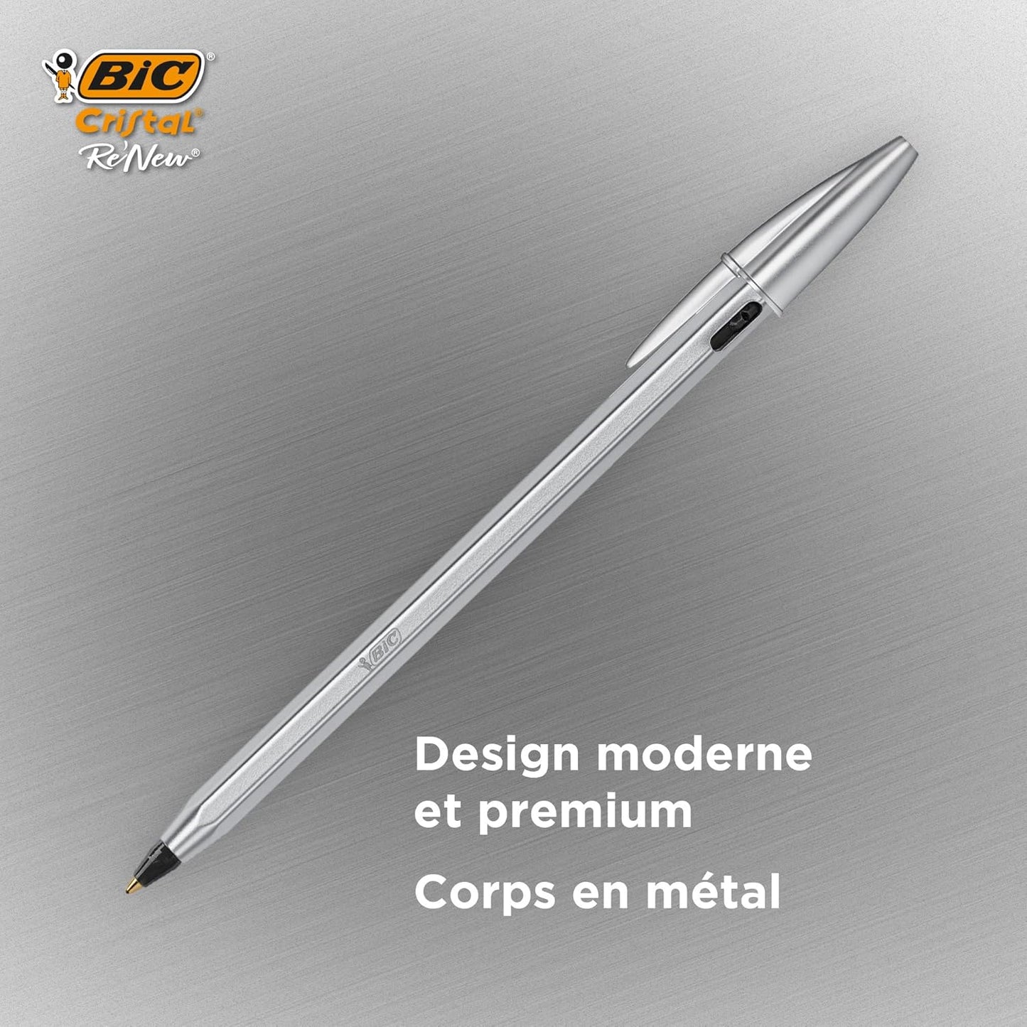 BIC CRISTAL RE'NEW -Penna Blu a Sfera Ricaricabile in Metallo + 2 Ricariche