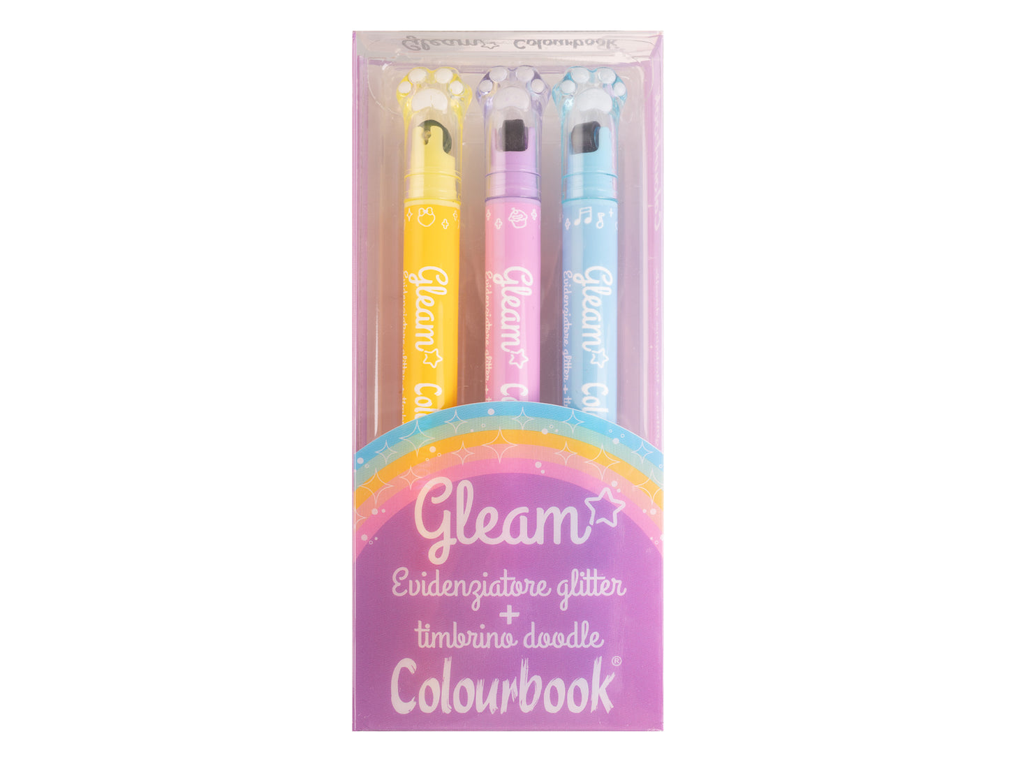 COLOURBOOK SET 3 EVIDENZIATORI GLEAM LILLA - Evidenziatori Glitterati Con Timbrino