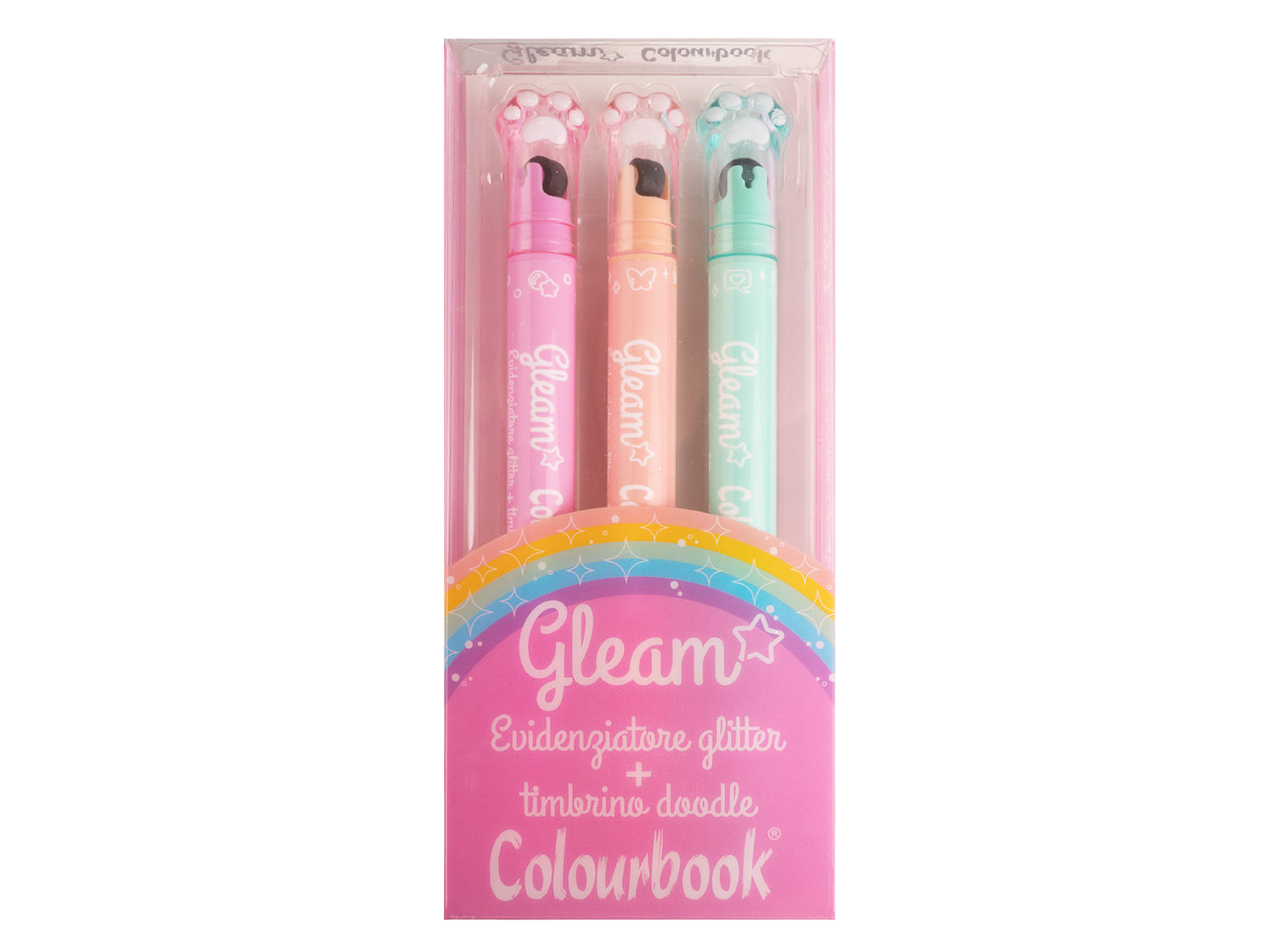 COLOURBOOK SET 3 EVIDENZIATORI GLEAM ROSA - Evidenziatori Glitterati Con Timbrino
