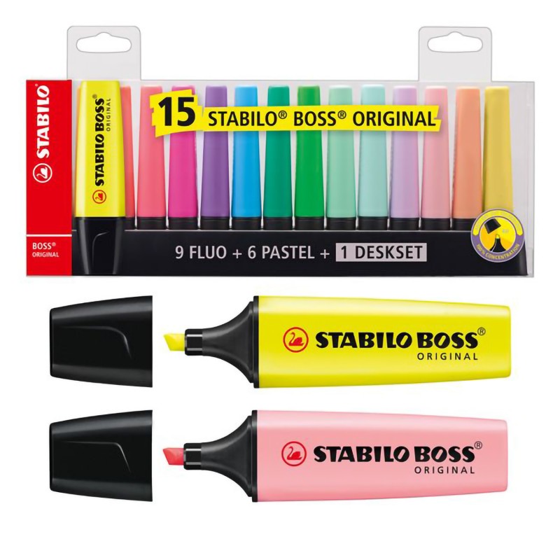 STABILO BOSS ORIGINAL DESKSET - 9 Colori Fluo + 6 Colori Pastello