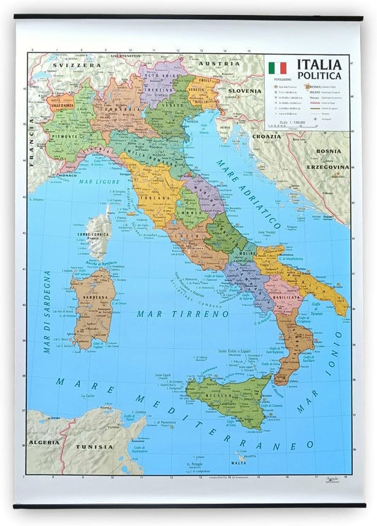 CARTA GEOGRAFICA ITALIA - Murale 100x140 Bifacciale Fisica E Politica