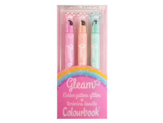COLOURBOOK SET 3 EVIDENZIATORI GLEAM ROSA - Evidenziatori Glitterati Con Timbrino
