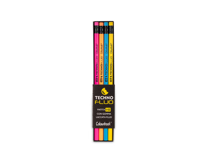 COLOURBOOK MATITE TECHNO FLUO - Set 4 matite con gomma